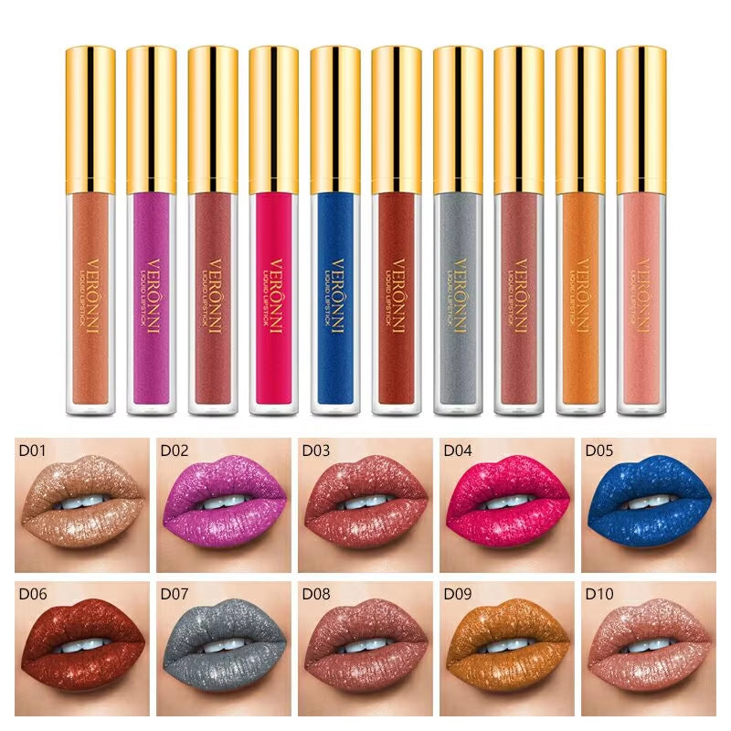 VERONNI Diamond Shine Lip Gloss – 10 Irresistible Shimmer Shades with Waterproof, Long-Lasting Metallic Velvet Finish